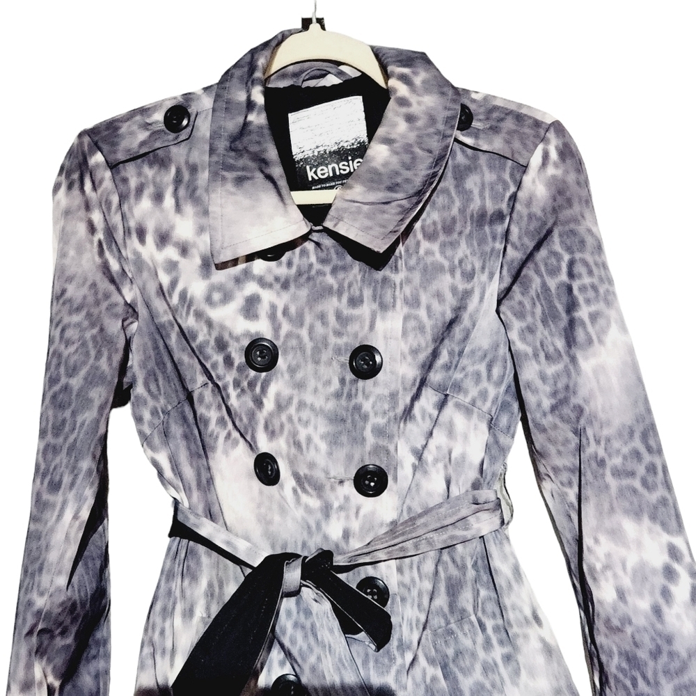 𝅺GRAY Animal Print Belted DbL Breasted Trench Coat Size: S - Picture 3 of 14